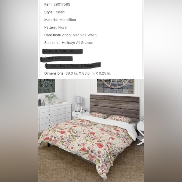 Designart “Vintage Red Pink Flower and Leaves” Queen Duvet - Picture 2 of 6